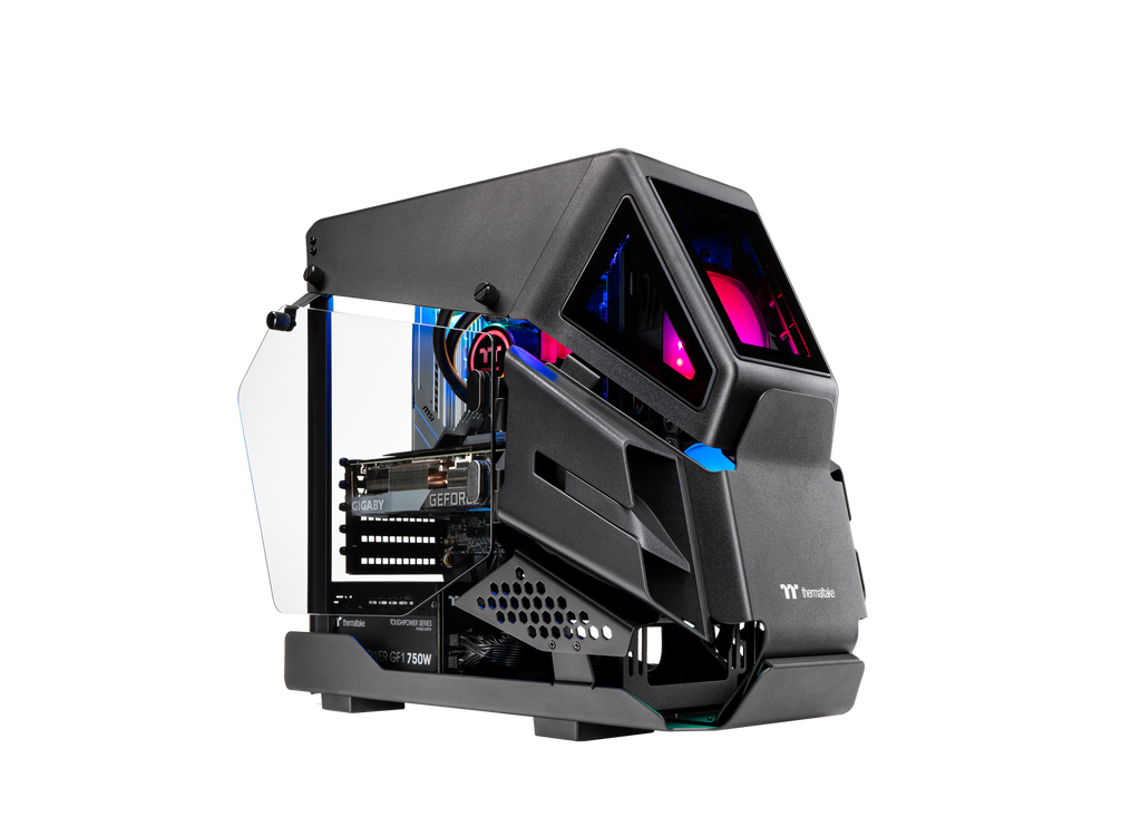 A mechanical style gaming computer with partially-see-through case and rgb lights; AH series black pc case