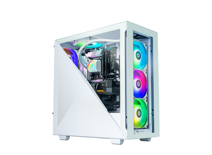 Front and side look of Avalanche series white case gaming computer with rgb lights