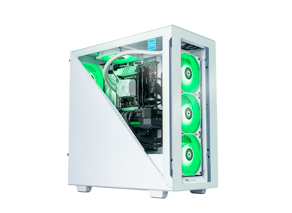 Front and side look of Avalanche series white case gaming computer with green light